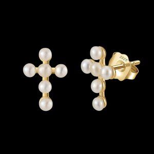 Gold Cross Earrings Studs With Natural Freshwater Pearls